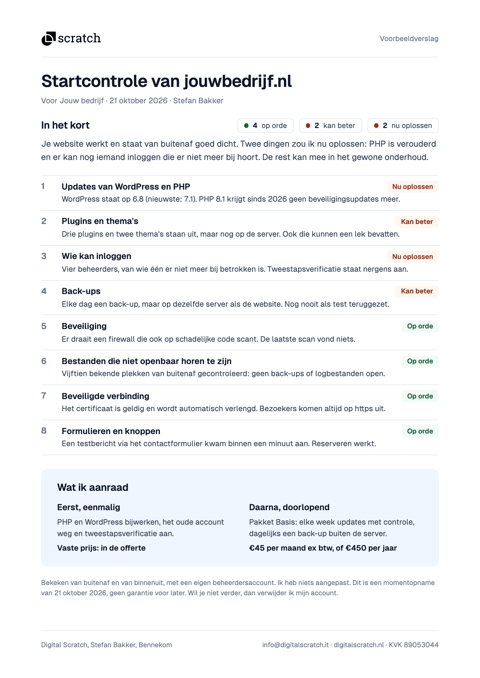 Voorbeeld van een verslag: acht punten met per punt op orde, kan beter of nu oplossen, en een advies met pakket en prijs